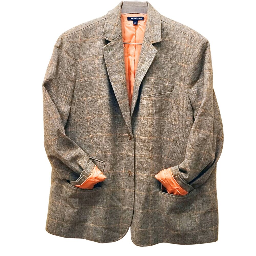 VTG Lands’ End 22W 100% Wool Tweed Blazer Brown Orange Windowpane Dark Academia